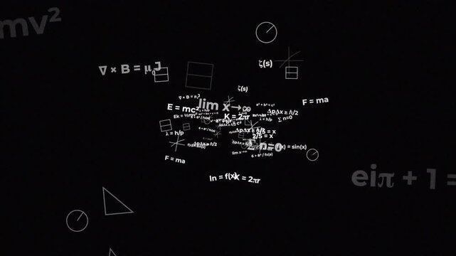 Scientific equations and mathematical formulas moving forward through black space, physics education background 4k video