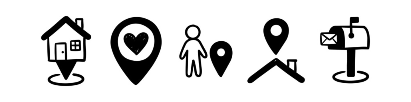 Set of hand-drawn location and real estate icons featuring a house map pin, heart pin, person, roof, and mailbox. Minimalist black ink doodle style for web and map interface design.