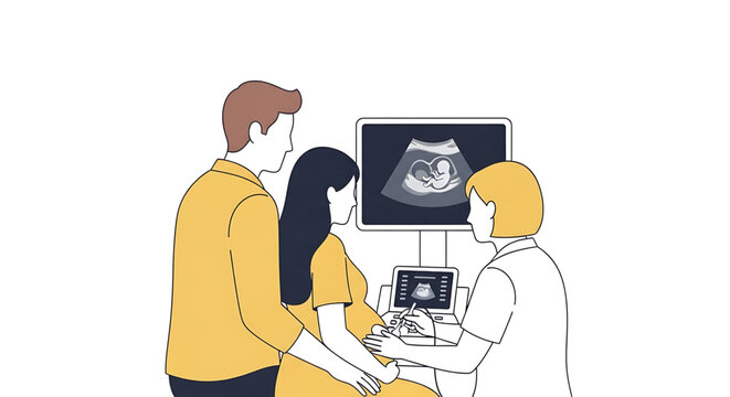 A doctor performing an ultrasound scan on a pregnant woman with her partner by her side