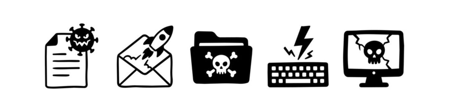 Hand-drawn collection of cyber security and computer error icons. Includes malware, virus, hacking, data breach, and system crash symbols in a minimalist doodle style.
