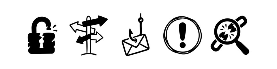 Hand-drawn cybersecurity icon set featuring a broken padlock, directional arrows, phishing hook with email, warning alert, and a magnifying glass over a broken chain link. © Trends