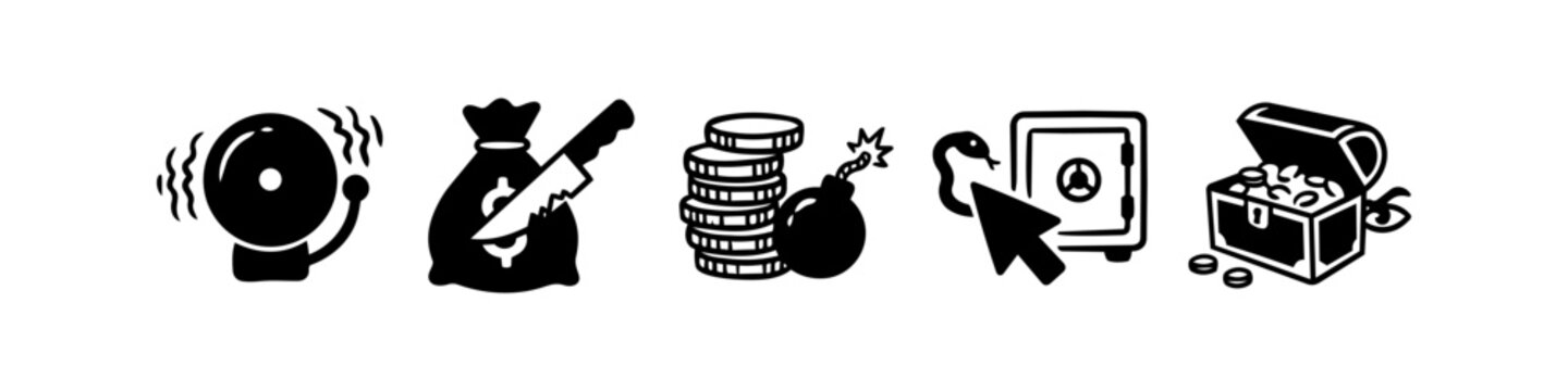 Vector icon set depicting theft, crime, and security concepts including an alarm bell, a slashed money bag, a bomb with coins, a digital safe, and a treasure chest filled with gold.