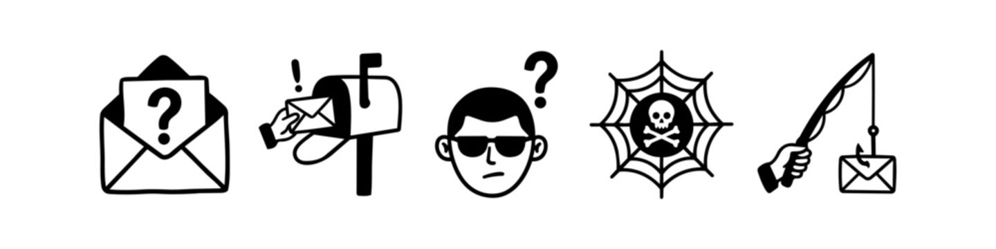 Minimalist black and white icon set illustrating phishing, cybercrime, and email scams. Features a fishing hook catching a letter, hacker head, and skull spider web for online security themes.