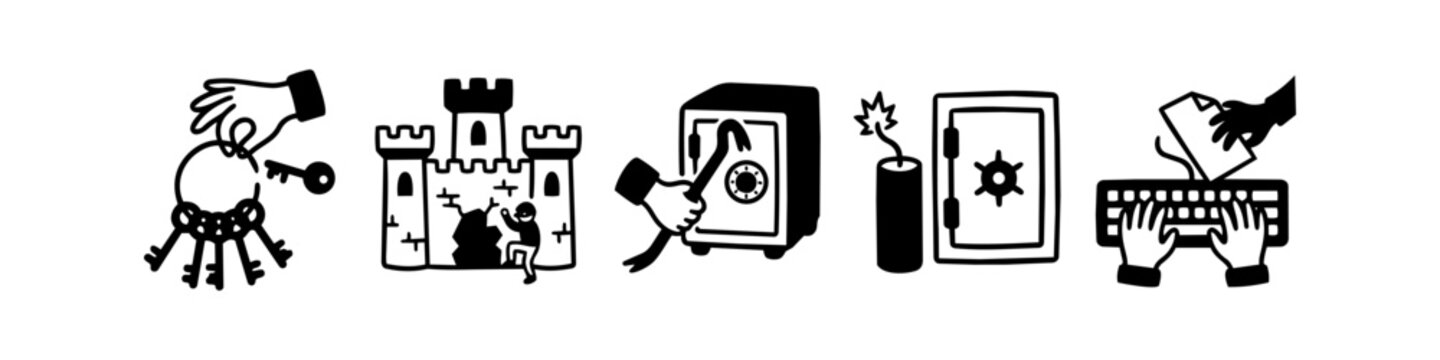 Set of hand-drawn icons illustrating security breaches, including lockpicking, safe cracking, castle sieges, and digital data theft. Concepts of hacking and physical intrusion.