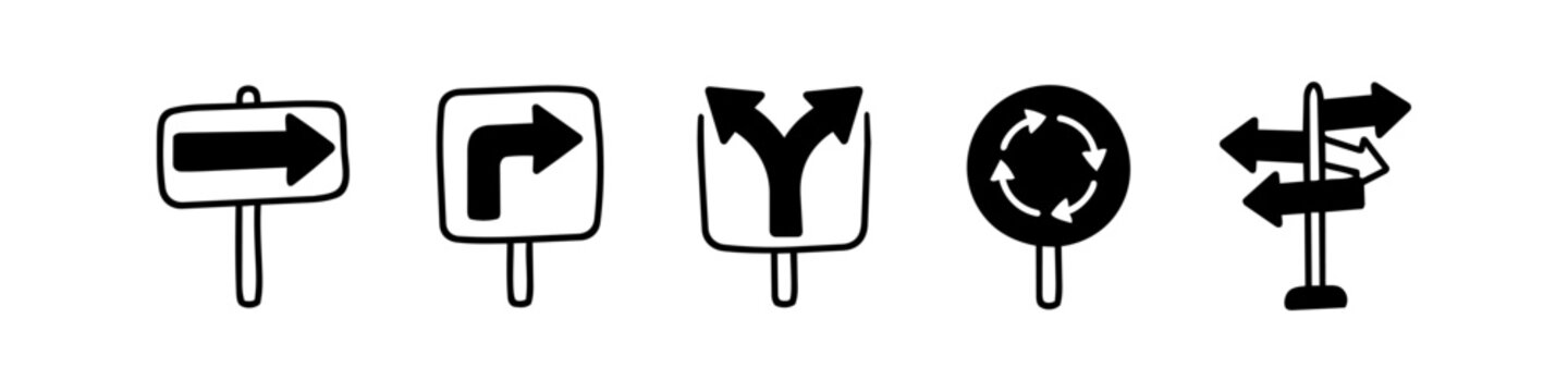 Set of hand-drawn road signs and directional arrows in a doodle style. Icons for navigation, decision making, and travel guidance isolated on white. Includes roundabout, fork, and signposts.