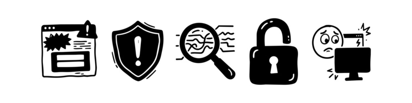 Set of hand-drawn cybersecurity and computer error icons. Includes warning shield, open padlock, browser alert, data analysis magnifying glass, and a worried user doodle. Black ink sketch style.