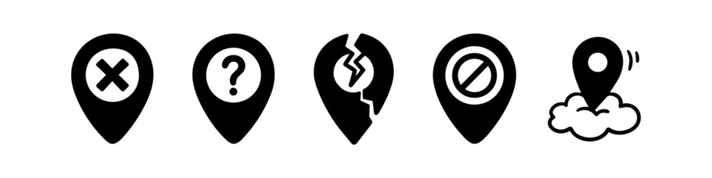 Set of minimalist black location pin icons representing navigation errors, unknown places, restricted zones, and cloud-based tracking. Ideal for UI design, maps, and GPS applications.