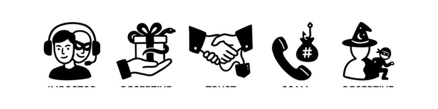 Set of five black and white icons representing scam, fraud, and deception, including impostor, deceptive gift, fake trust, phone scam, and secret theft. Ideal for security and safety concepts.