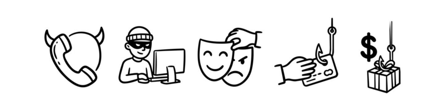 Hand-drawn icon set representing cybercrime concepts like vishing, hacking, deception, credit card phishing, and reward scams. Black and white line art vector illustrations for security awareness.