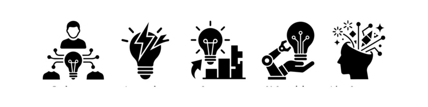 Set of black vector icons representing innovation, artificial intelligence, and creative thinking. Concepts include collaborative ideas, brainstorming, and human-machine interaction.