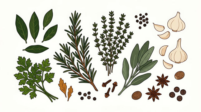 A colorful vector illustration of various herbs and spices on a white background