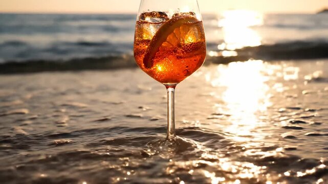 Sparkling aperol spritz cocktail standing on sandy beach at golden sunset for summer and lifestyle content