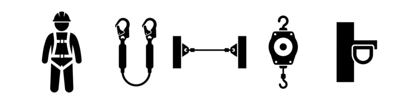Set of height safety and fall protection icons featuring full body harness, double lanyard, horizontal lifeline, fall arrest block, and anchor point. Black industrial PPE symbols on white background.