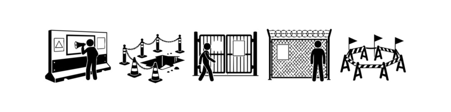Set of security and construction site icons featuring barriers, perimeter fencing, safety cones, and stick figures representing surveillance and restricted access control.