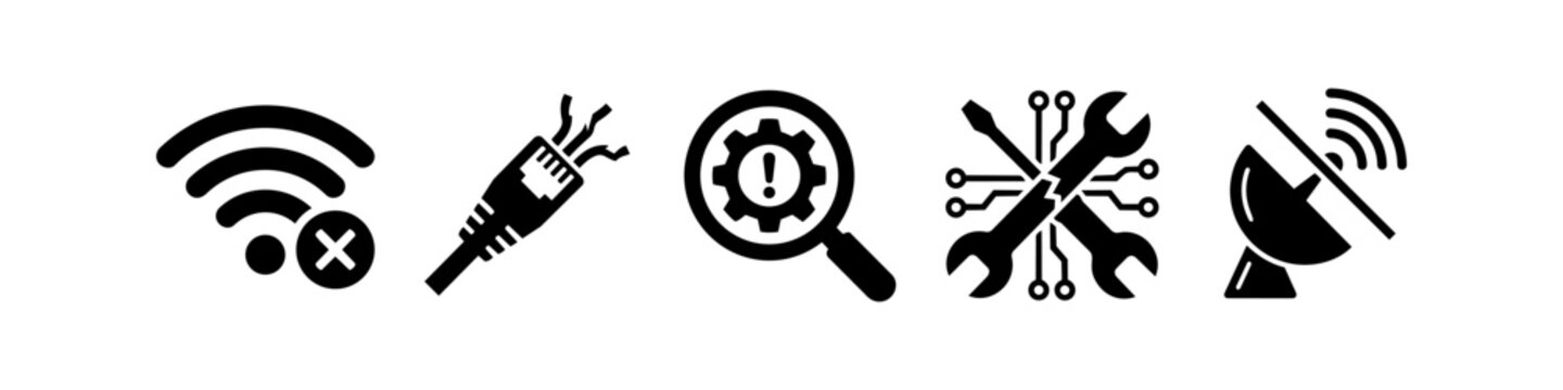 Set of black technical error and repair icons including no Wi-Fi, broken ethernet cable, system diagnostic, hardware maintenance, and no satellite signal on a white background.
