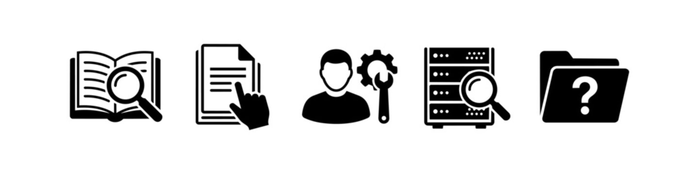 Set of black IT and technical support icons featuring document search, data management, administrator settings, server analysis, and help file folder symbols on a white background.