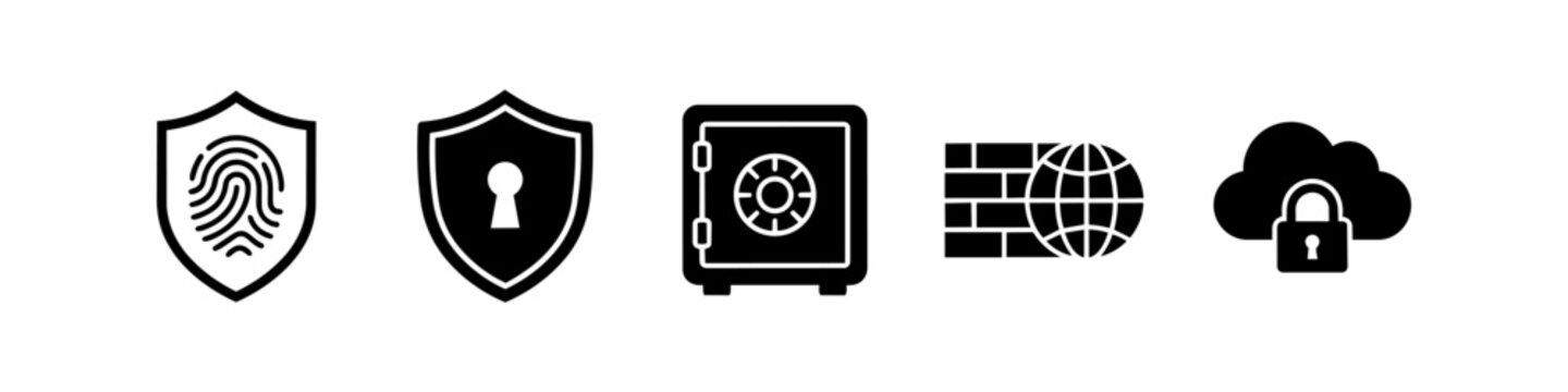 Set of cybersecurity and data protection icons featuring biometric fingerprint shield, secure vault, network firewall, and locked cloud storage. Minimalist black vector symbols on white.