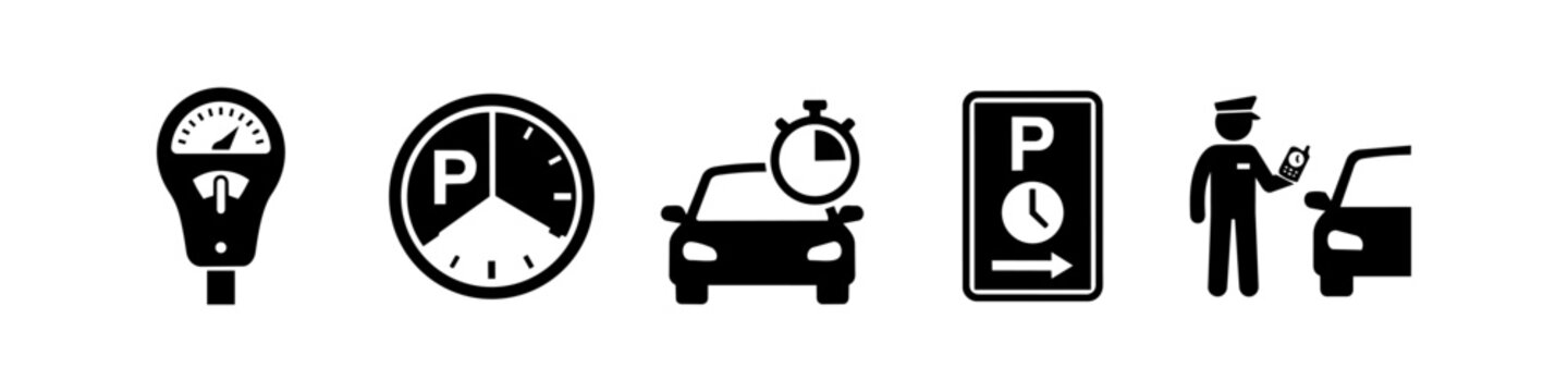 Set of black vector icons illustrating parking regulations, featuring a parking meter, timed parking symbols, a directional street sign, and a traffic officer inspecting a car.