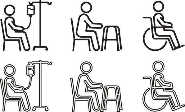 Minimalist healthcare and accessibility icons set featuring IV drip, walker, and wheelchair silhouettes in outlined 