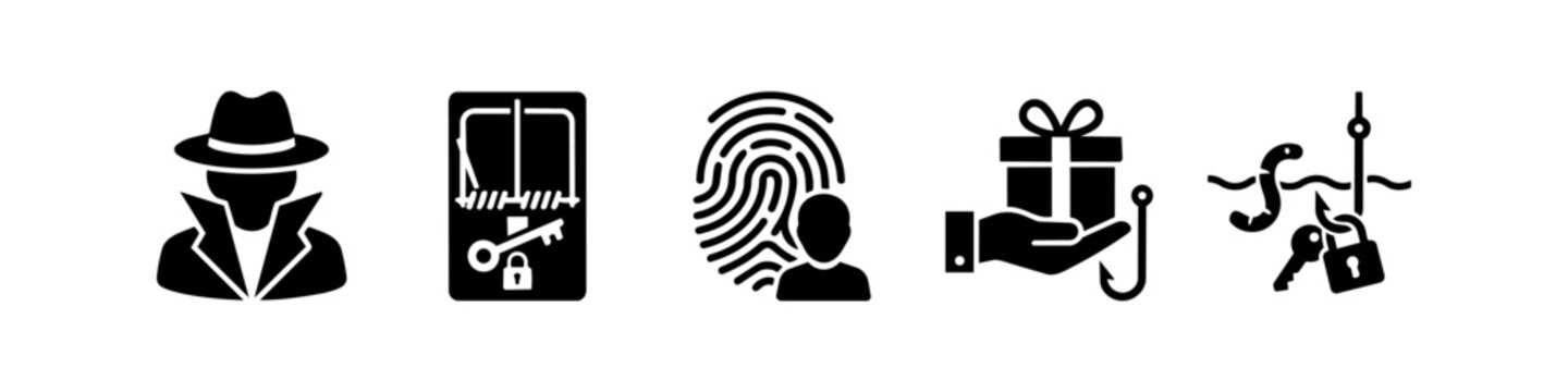 Cybersecurity and phishing icon set featuring a spy silhouette, trap with key, biometric fingerprint, gift bait on a hook, and a lock with a worm, representing online fraud and data security risks.