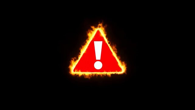 Animated fiery warning triangle with exclamation mark on dark background loop