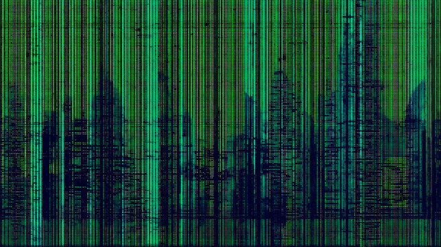 Green Digital Rain Over City Silhouette