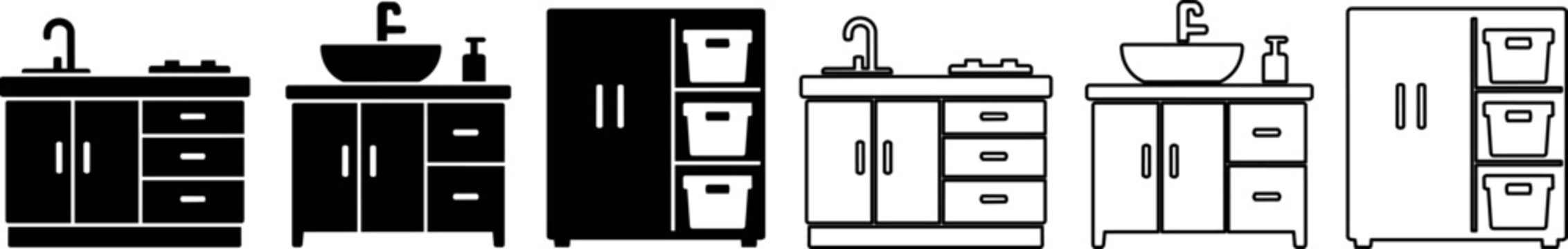 A collection of kitchen and bathroom furniture icons including a sink cabinet, vanity sink, and refrigerator in black minimalist vector style, suitable for interior design projects
