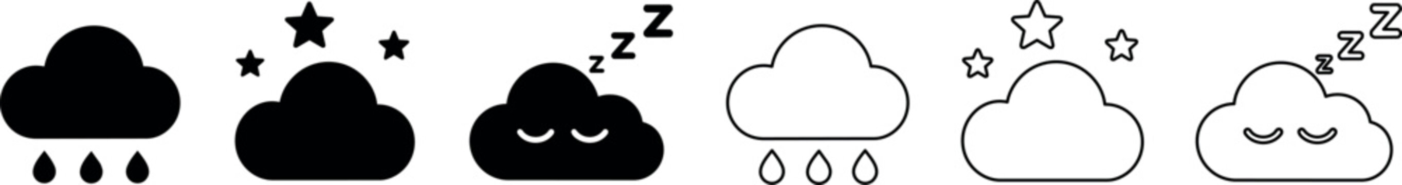 A collection of three weather icons: a rainy cloud, a cloud with stars, and a sleeping cloud in minimalist black vector style, suitable for weather applications and designs