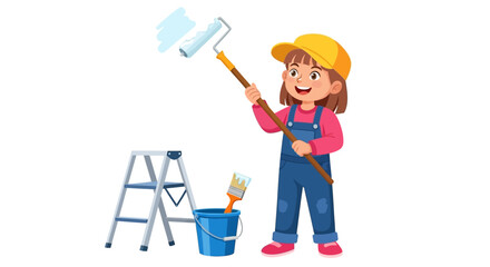 Fototapeta premium Smiling woman painting with roller and brush, home renovation concept, DIY decoration
