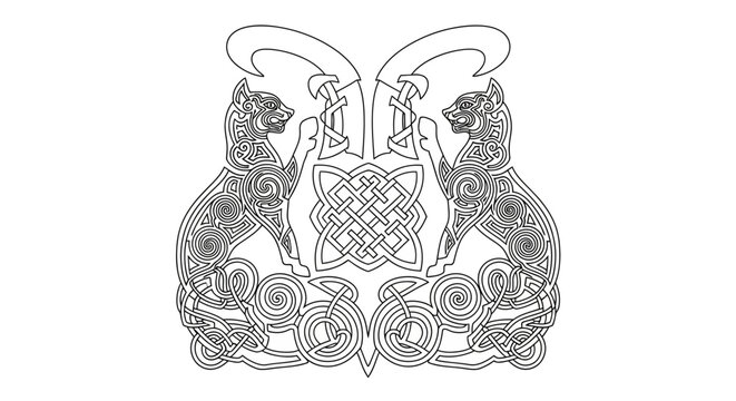 Celtic knotwork design with two dragons, ornate shield, tattoo or emblem concept