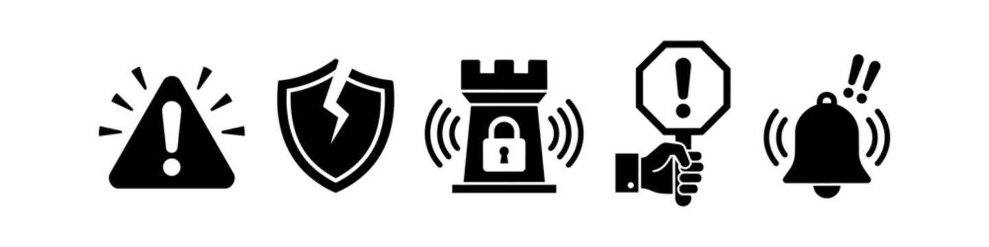 Set of black security and warning icons including a cracked shield, warning triangle, alarm bell, locked tower, and alert sign. Ideal for cybersecurity, risk management, and safety designs.