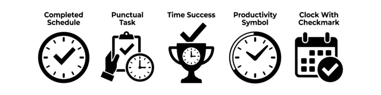 Set of five black flat icons representing time management, productivity, and task completion, featuring a clock, calendar, trophy, and clipboard with checkmarks on white background.
