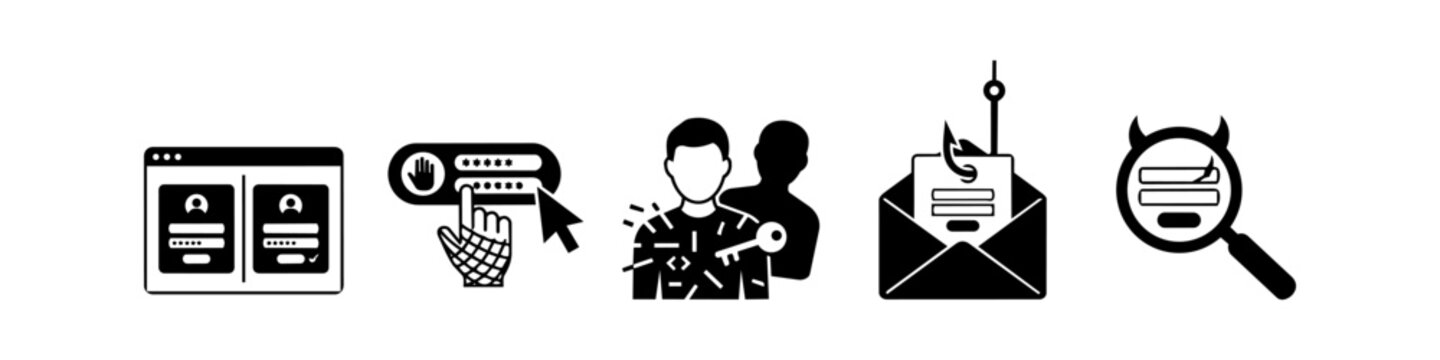 Black and white vector icon set representing cyber security threats such as email phishing, identity theft, password hacking, and malicious data tracking for digital safety concepts.