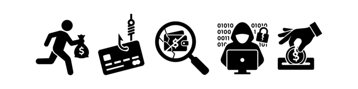 Set of five black icons representing financial crime and cyber security threats, including phishing, hacking, and money theft. Ideal for banking, digital safety, and fraud prevention topics.
