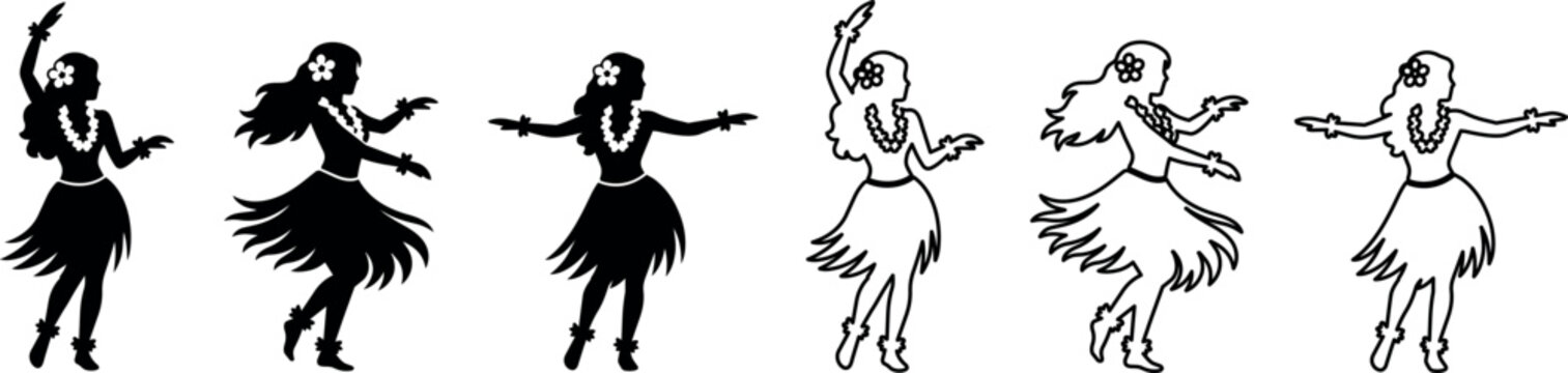 A set of three hula dancer silhouettes with floral accents in black vector style, suitable for cultural themes and event promotions