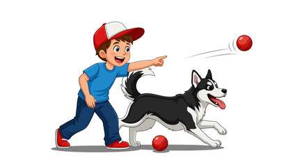 Boy playing with happy husky dog, throwing red ball outdoor, fun concept © Perth