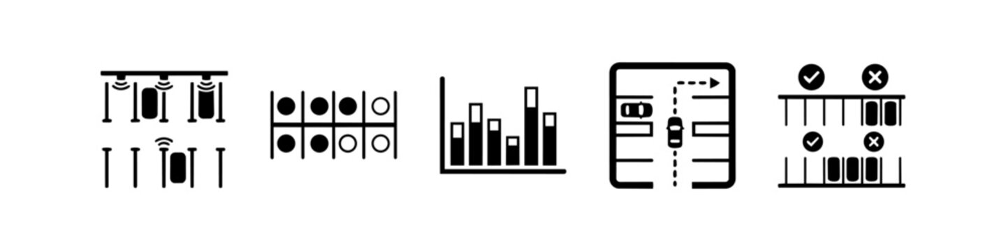 Set of smart parking management icons featuring sensors, occupancy tracking, data charts, and vehicle navigation for modern urban infrastructure solutions.
