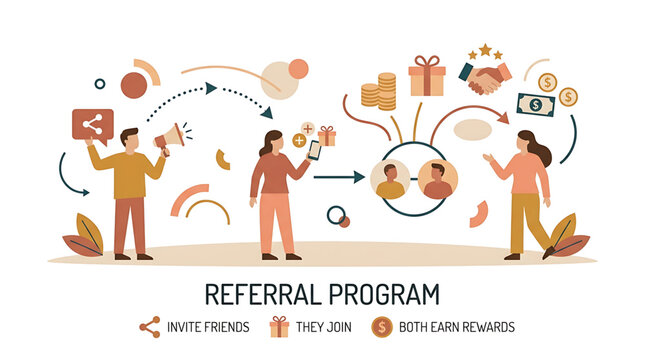 A colorful vector graphic illustrating a referral program with people and rewards