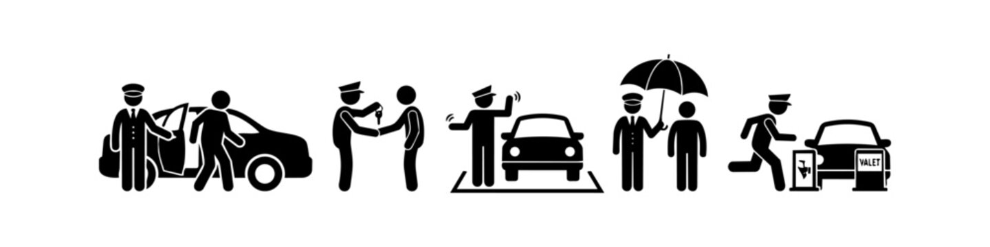 Set of valet parking service icons featuring stick figures performing tasks like opening car doors, handing over keys, directing vehicles, and providing umbrella assistance.
