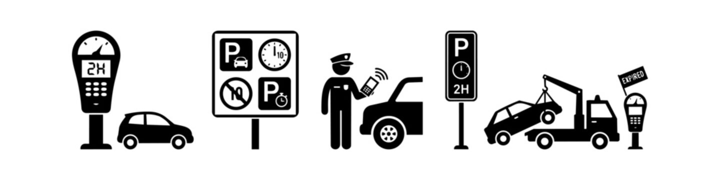 Vector icons set showing parking regulations and enforcement, including parking meters, traffic warden scanning a car, tow truck, and expired sign. Perfect for urban traffic and parking themes.