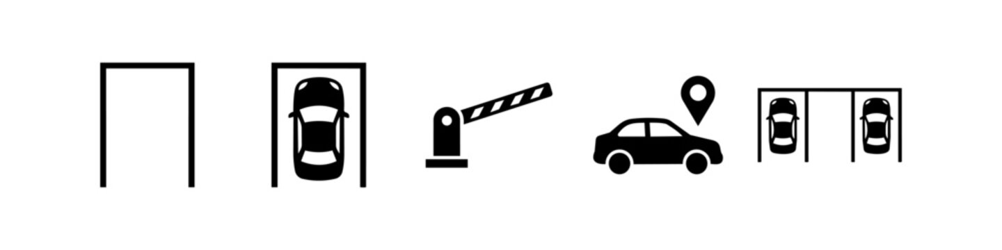 Set of parking and vehicle navigation icons featuring car park bays, an entry barrier gate, and a location pin. Minimalist black vector symbols for mobile apps, maps, and signage design.