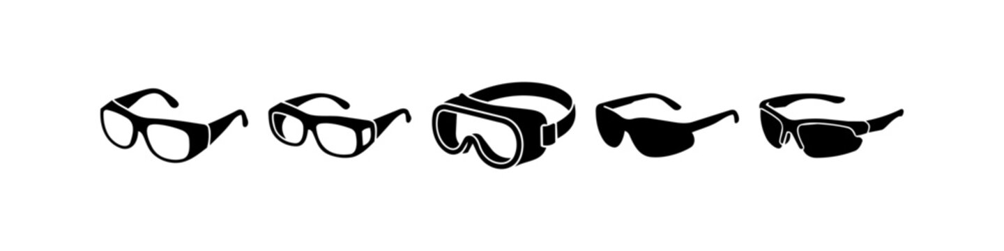 Set of five black vector icons representing various safety glasses and goggles for industrial, laboratory, and sports protection. Isolated on a white background.