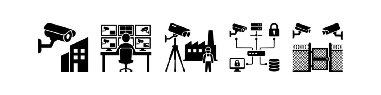 Vector silhouettes of security surveillance systems including CCTV cameras, monitoring station, industrial site protection, network infrastructure, and high-security perimeter fencing.