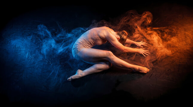 Graceful female acrobat dancing in flexible pose surrounded by exploding golden fire sparks and swirling neon blue fluid light trails on black studio background