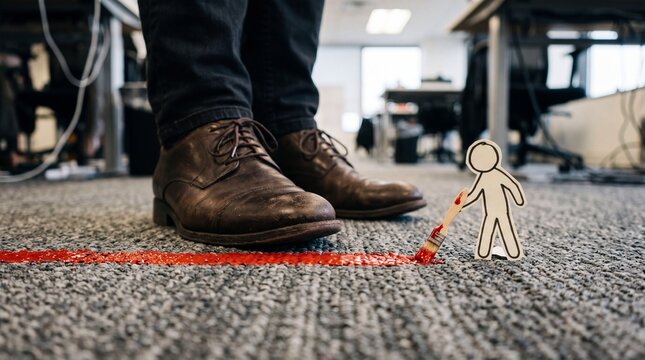 Paper figure paints a red boundary line on office carpet before large brown shoes. It conveys establishing personal limits and bravely defying towering corporate authority.