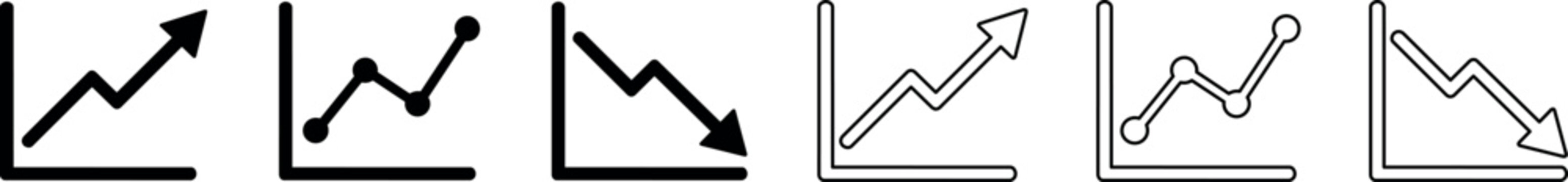 A set of three graphs showing upward, stable, and downward trends in black outline vector style, suitable for business presentations and reports