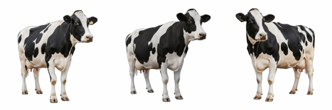 Set of Holstein Friesian Cows Isolated on White Background: Three Realistic Black and White Dairy Cattle in Various Poses, Professional Cutout Livestock Imagery for Agriculture, Farming, Dairy Industr