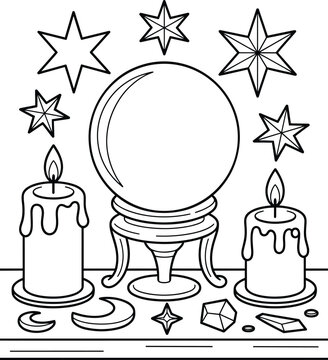 Mystical crystal ball illustration, 2 lit candles with melting wax, 6 stars, crescent moons, and small esoteric and fortune telling and black and whit