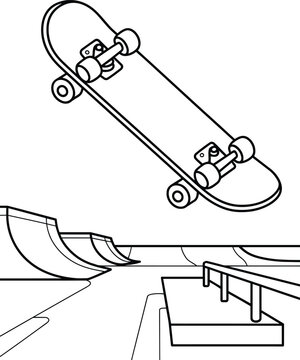 Skateboard jumping high over a modern skatepark featuring multiple ramps and a metal rail, an urban extreme sport illustration and sports, half pipe