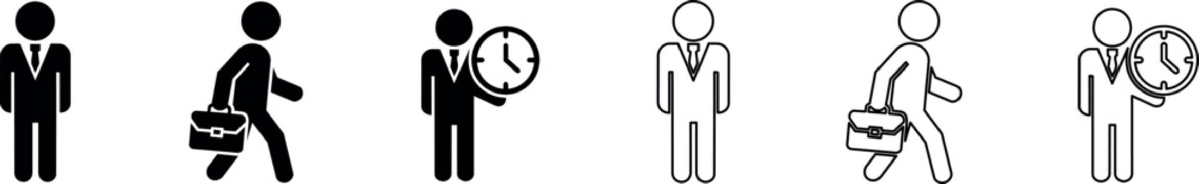 A set of business icons depicting a professional man in suit, walking with a briefcase, and checking time in minimalist vector style, ideal for corporate presentations